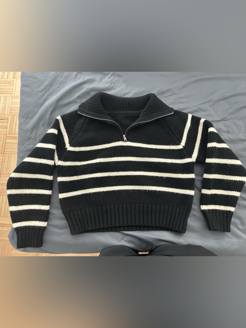 Black & Cream Striped Half-Zip Sweater